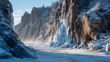 Frozen coastal cliffs, textured rock faces with ice formations, sunlight highlighting patterns, emphasizing coastal winter textures and natural geological details.