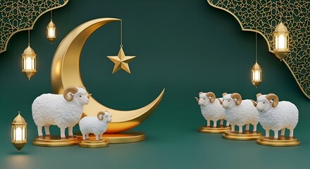 Golden Eid al-Adha Scene with Crescent Moon, Star, Sheep, and Islamic Lanterns