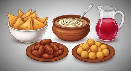 Traditional Islamic Iftar Foods: Samosas, Dates, Gulab Jamun, and Drink
