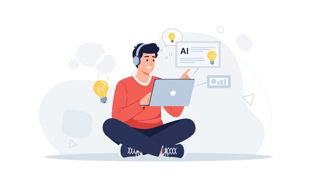 Man with headphones learning AI on laptop, bright ideas, digital education concept