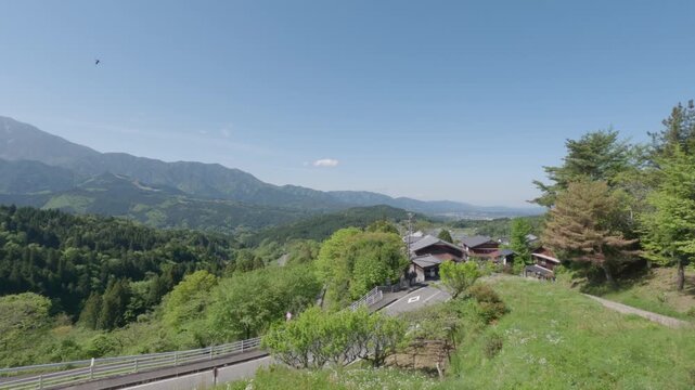 Scenic view over Magome village in Kiso Valley along the historic Nakasendo Trail in Japan