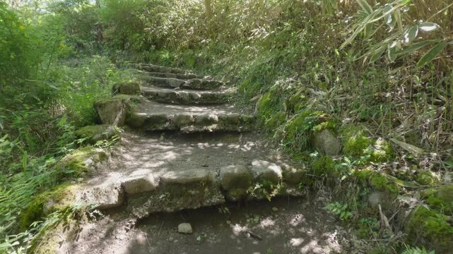 Stone steps on the historic Nakasendo Trail between Magome and Tsumago in Japan