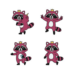 Fototapeta premium Cartoon raccoons with crowns dancing and posing in various cute poses