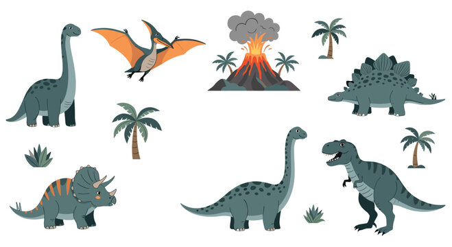A cute collection of cartoon dinosaurs including T-Rex and Triceratops, with a volcano and palm trees for prehistoric scenes.