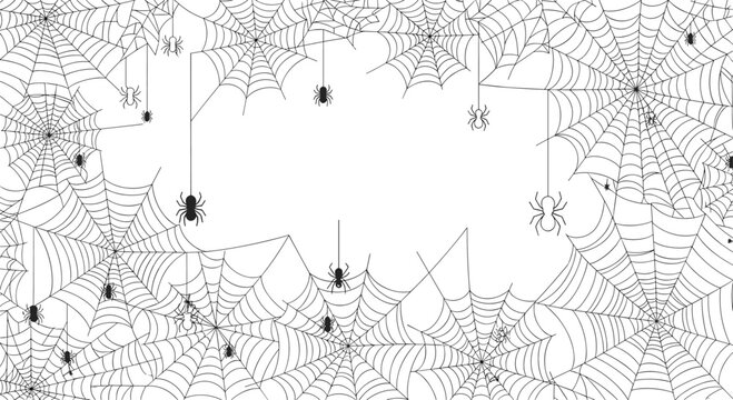 A spooky Halloween background forming a border of intricate spiderwebs and black spiders, with a blank center for text.