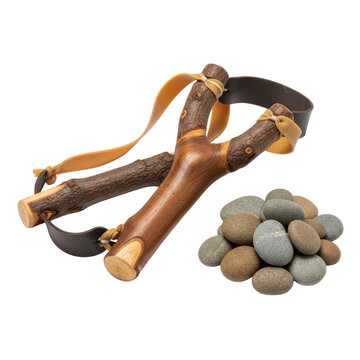 Wooden slingshot with pebbles