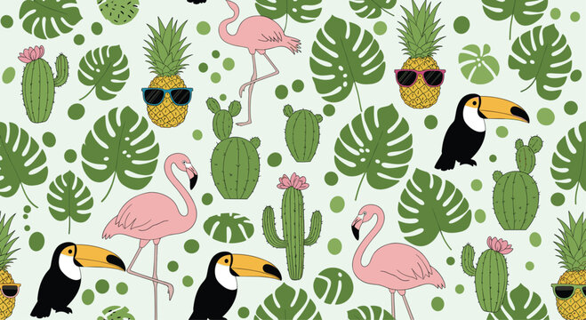A fun and vibrant seamless tropical pattern featuring flamingos, toucans, pineapples with sunglasses, cacti, and monstera leaves.