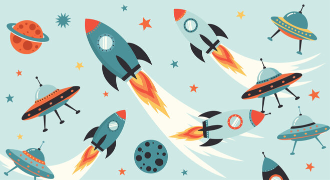 A retro-themed seamless pattern for kids featuring cartoon rockets, flying saucers, planets, and stars in outer space.