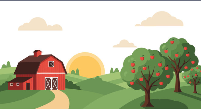 A peaceful and idyllic farm landscape scene with a red barn, rolling green hills, apple trees, and a rising sun.