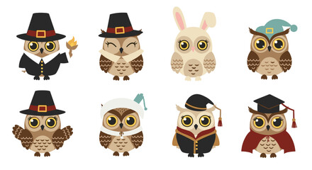 Obraz premium A cute collection of cartoon owls dressed in various fun costumes, including a pilgrim, graduate, and bunny.