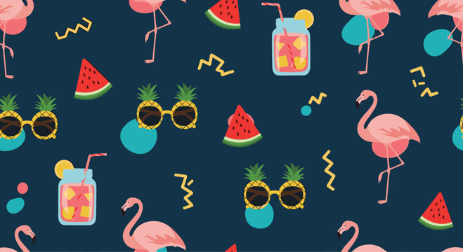 A vibrant seamless summer party pattern with pink flamingos, watermelon slices, cocktails, and pineapples in sunglasses.