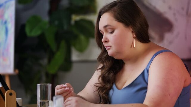 Unhappy woman taking medication with water, daily treatment, health care