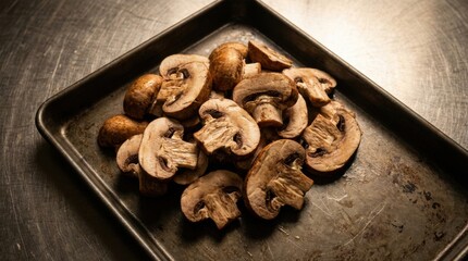 Generous handful of fresh, earthy brown cremini mushrooms sliced and whole on a dark metal tray
