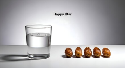 Minimalist setup for breaking the fast: a glass of clear water next to five dates, with 'Happy Iftar' text