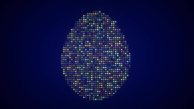 Abstract easter egg shape made of blinking colorful dots pattern on a dark blue background. Seamless loop.