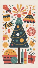 celebration flat vector illustration: festive elements (fogo de artif&iacute;cio, confetes, bal&otilde;es), bright cheerful palette, simple shapes, scalable vector, ideal para cart&otilde;es, posts e banners sazonais