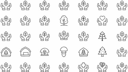 Fototapeta premium Environmental icons of hands holding plants and trees