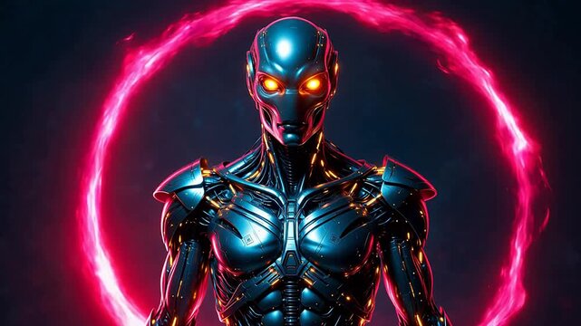 Cyborg figure with glowing eyes and ring