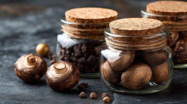 Small Decorative Glass Jars Filled With Fresh Mushrooms and Chocolate Chips, Sealed With Cork Stoppers on a Rustic Surface