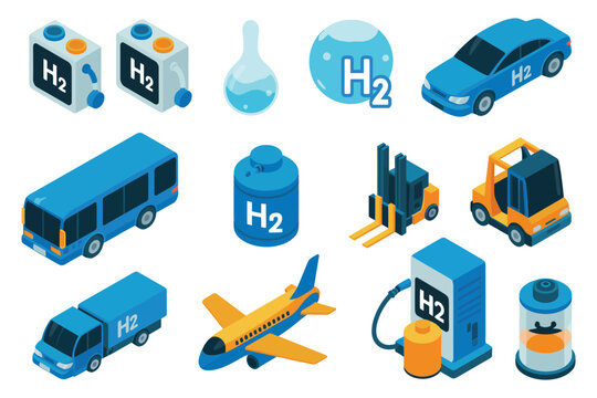 Hydrogen Fuel Cell Icon isometric vector illustration, PEM fuel cell stack, solid oxide fuel cell, clean energy technology, renewable power concept, scientific and engineering design.
