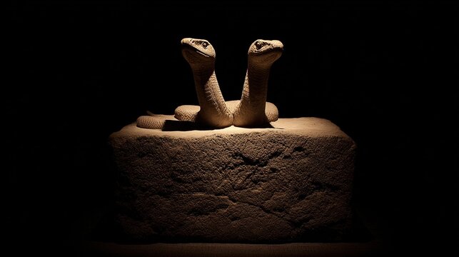 A fossilized two-headed serpent emerging dramatically from stone under museum lighting, evoking ancient mysteries.
