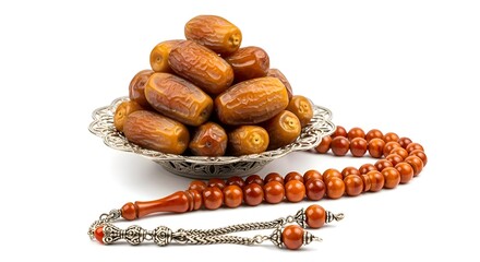 Bowl overflowing with ripe dates served in an ornate silver dish, accompanied by a wooden prayer bead necklace, representing Ramadan and Islamic tradition.