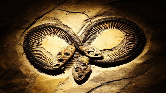 A fossilized two-headed serpent emerging dramatically from stone under museum lighting, evoking ancient mysteries.