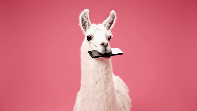 A fluffy white llama holds a smartphone in its mouth against a pink backdrop