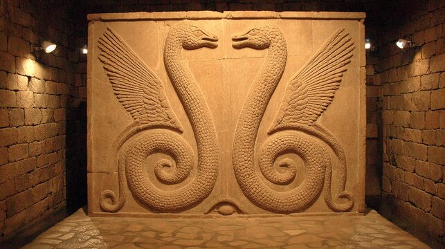 A fossilized two-headed serpent emerging dramatically from stone under museum lighting, evoking ancient mysteries.