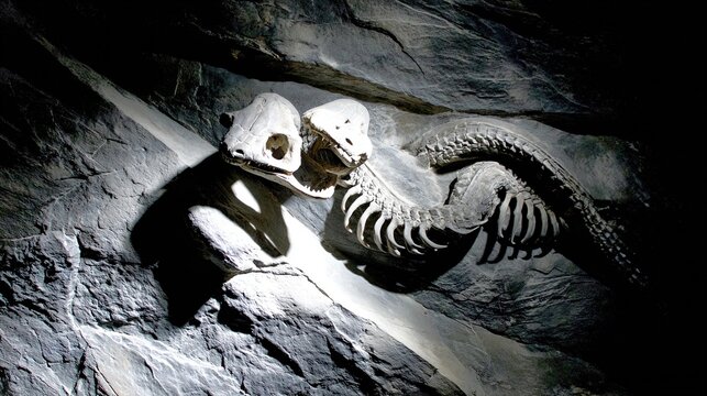 A fossilized two-headed serpent emerging dramatically from stone under museum lighting, evoking ancient mysteries.