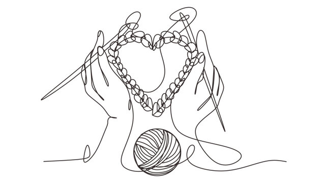 Continuous one line drawing of human hands knitting and heart . handmade and cozy hobby symbol in simple linear style. Doodle outline vector illustration