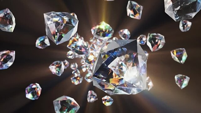 Sparkling, multifaceted gemstones scatter across a dark, ethereal background