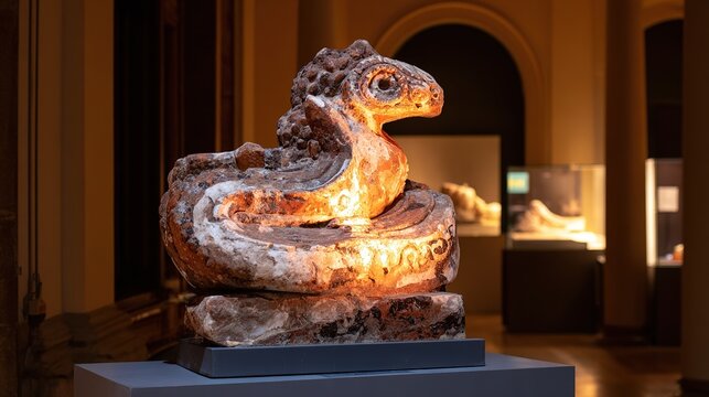 A fossilized two-headed serpent emerging dramatically from stone under museum lighting, evoking ancient mysteries.