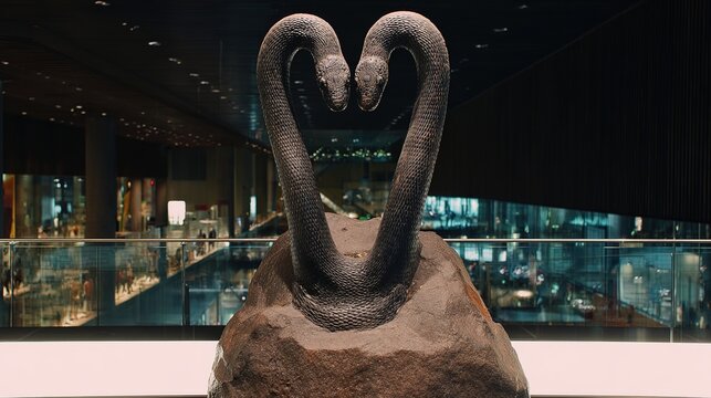 A fossilized two-headed serpent emerging dramatically from stone under museum lighting, evoking ancient mysteries.