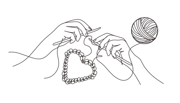 Continuous one line drawing of human hands knitting and heart . handmade and cozy hobby symbol in simple linear style. Doodle outline vector illustration