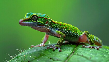 Obraz premium Vibrant Green Gecko Perched on Leaf in Lush Environment.