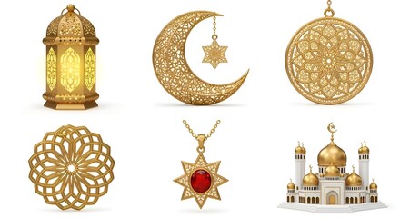 Golden Islamic ornaments and mosque, including lantern, crescent moon with star, mandala, and pendant with gem, on white background.