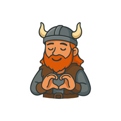 Naklejka premium Peaceful Viking making heart gesture illustration. Smiling Norse warrior showing love hand sign in flat cartoon style.