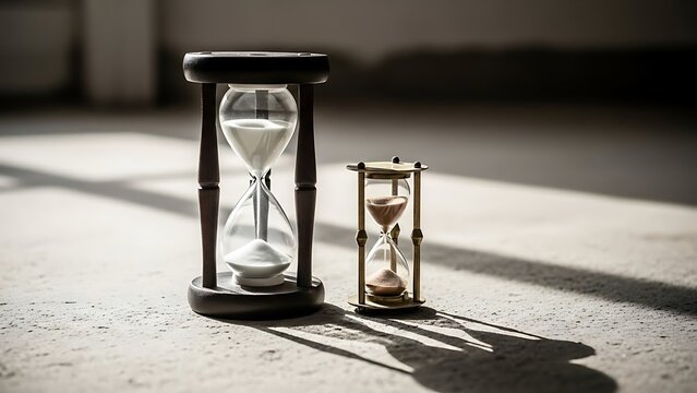 Two hourglasses on a table surface.