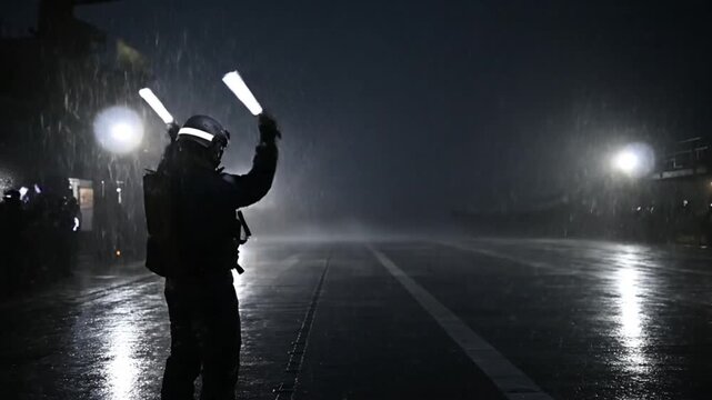 Responding to Night Rain on an Empty Road with Reflective Gear