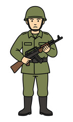 Fototapeta premium Soldier in green uniform holding rifle with serious expression