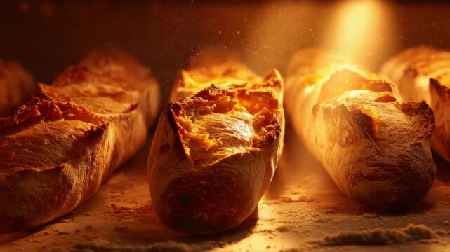Golden brown baguettes baking in a hot oven with flour dust flying