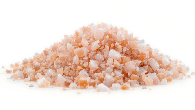 A pile of pink Himalayan salt crystals isolated on a white background viewed from the side