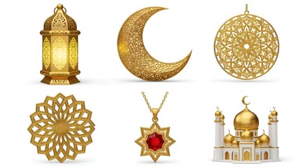 Luxurious golden Islamic ornaments for Eid and Ramadan: mosque, crescent moon, star, lantern, mandala, and pendant with red gemstone.