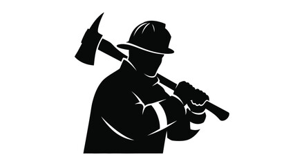 Obraz premium Firefighter silhouette holding axe on shoulder ready for action black icon on white background