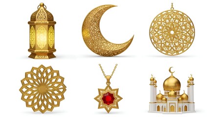 Golden Islamic Icons: Ramadan Lantern, Crescent Moon, Mosque, and intricate geometric patterns for festive celebrations and religious themes.