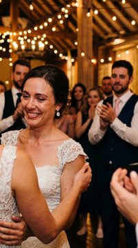 Emotional caucasian woman bride hugs another woman and sheds tears of joy at wedding reception with guests clapping in background.