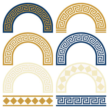 Geometric arch designs set against black background