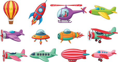 Cartoon Air Transport Collection with Airplane Helicopter Rocket UFO and Hot Air Balloon Flat Vector Illustration Set © MdAbuSayed