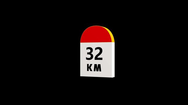 3d destination mile stone animation number of 32 KM. set of road side distance detail. small stone landmark by the roadside. Motion graphics of view road KM